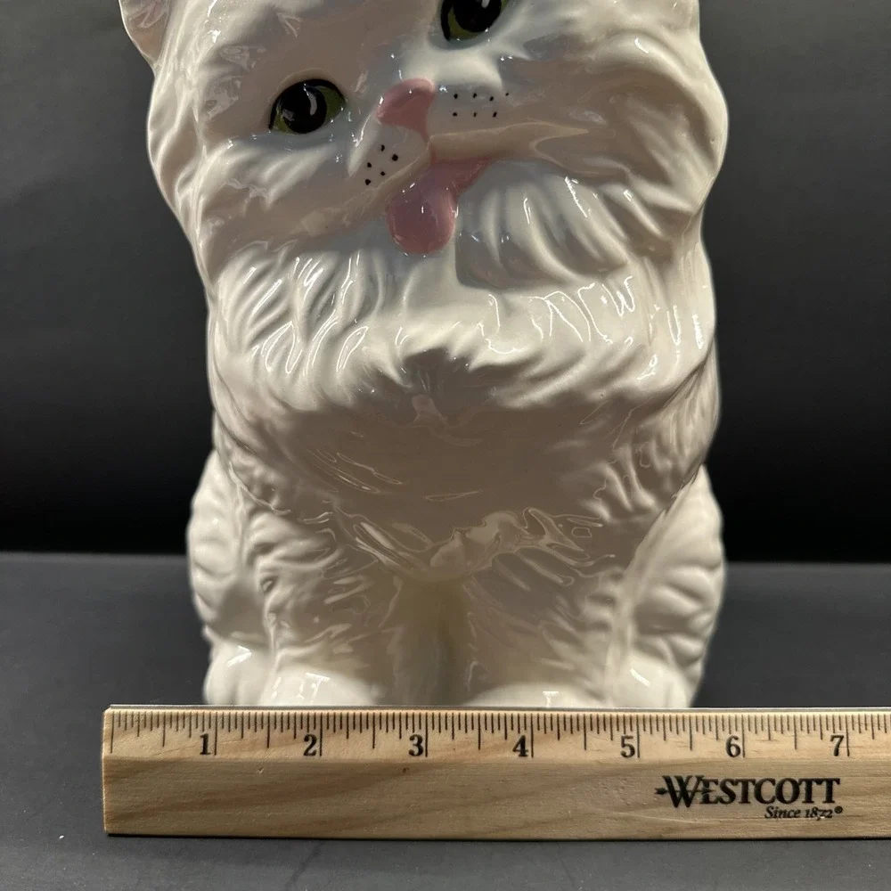 Vintage Ceramic White Persian Cat Figure Statue Long Haired Tongue 10